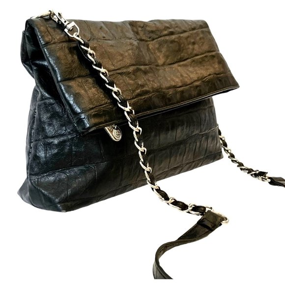 Nicole Miller Black Embossed PVC Leather Croc Zip Crossbody Bag Shoulder Purse - Picture 10 of 15